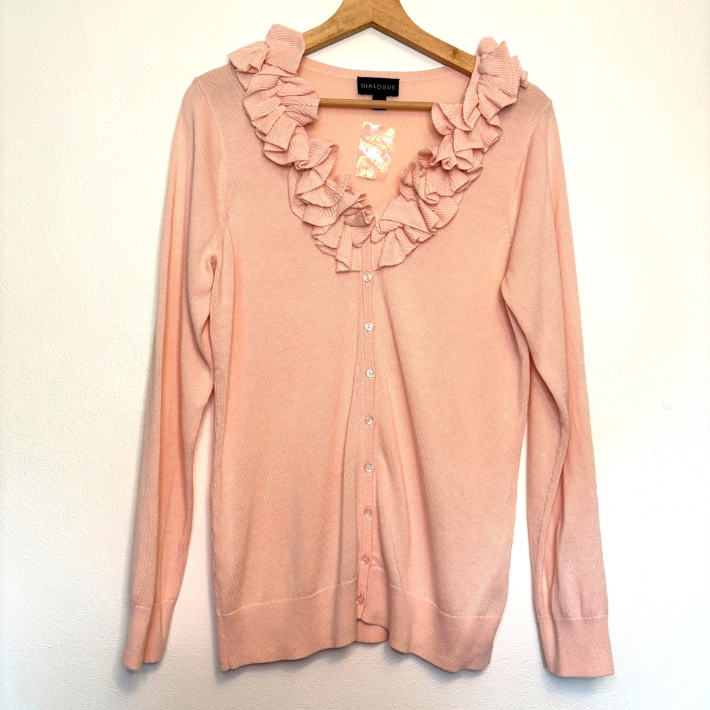 Dialogue‎ Women's Ruffle V Neck Light Pink Cardigan Sweater Size M